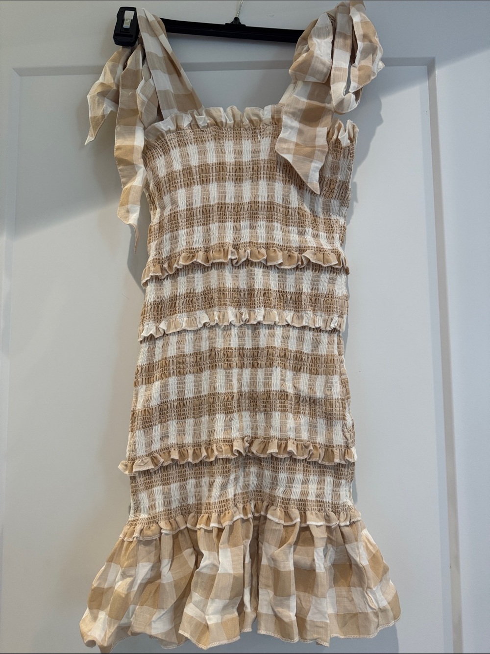 Beige and White Gingham Smocked Mini Dress with Tie Straps